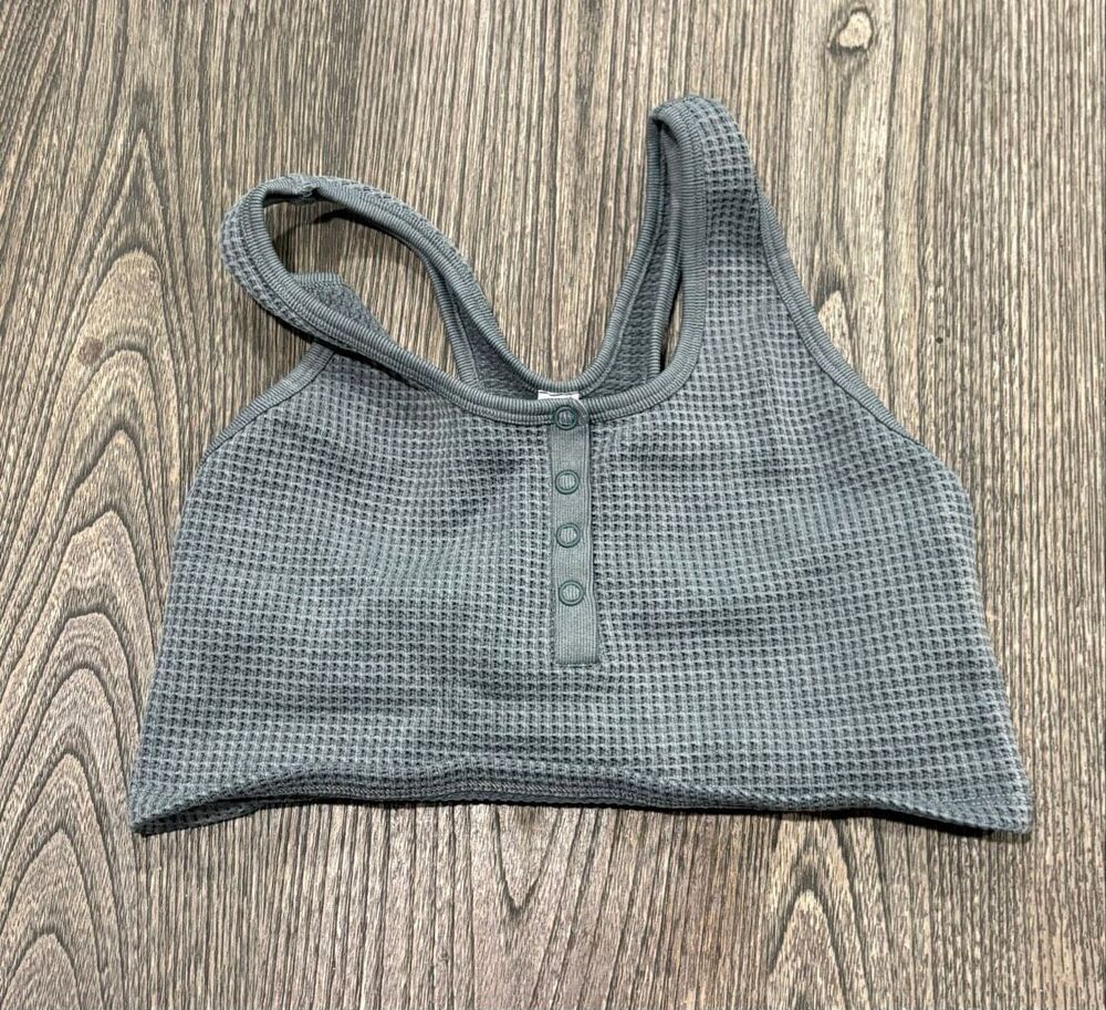 Aerie Offline Womens Recharge Waffle Knit Racerback Henley Sports Bra Gray Small